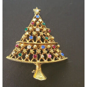 Eisenberg Ice Vintage Gold Tone Multi Color Rhinestones Christmas Tree Brooch